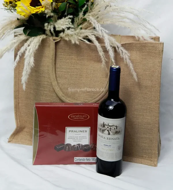 arreglo de flores para mujeres con vino y chocolates